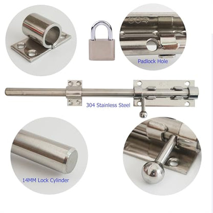 Barrel Bolt Latch Heavy Duty, 304 Stainless Steel Gate Latch Slide Lock with Padlock Hole, 14mm Dia. Rod Security Sliding Bolt Gate Latch for Wooden Gates- 12 Inch, Silver - size: 12 Inch - Silver