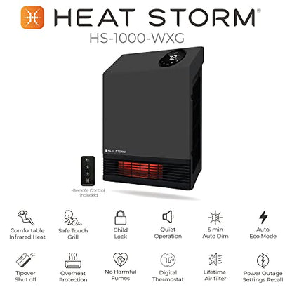 Heat Storm Wall Gray HS-1000-WX Deluxe Indoor Infrared Space Saving-1000 Watts-Remote Control-Home & Office Heater-Safe to Touch Grill, 13x4x17 - color: Gray