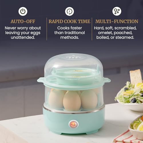 Elite Gourmet EGC1215M Easy Egg Cooker, Stainless-steel Heating Plate, Two-Tiered, 14-Egg Capacity, Soft, Medium, Hard-Boiled, Auto Shut-Off, Omelets, Poached Eggs, Measuring Cup, Piercing Pin, Mint - color: Mint, size: 14-Egg