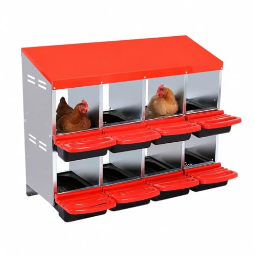 Chicken Nesting Boxes, 8 Compartment Metal Stainless Steel Chicken Laying Boxes, Removable Roll-Away Trays & 2-in-1 Perch, Easy to Clean and Install, for Outdoor Chicken Coop, Red - color: Red, size: 8 holes
