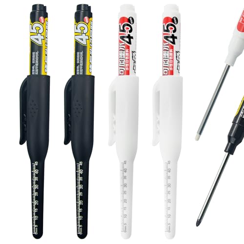 4pcs Long Nib Deep Hole Marker Pen - 45mm Extra-Length Tip for Precise Marking, Refillable Water-Resistant Construction Marker, Heavy-Duty Carpenter Pen for Woodworking & Plumbing(White,Black) - color: 2White,2Black