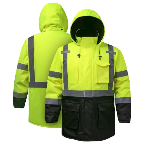 Reflective Jacket, High Visibility Parka, Waterproof Hi Vis, Safety Jacket with Removable Hood and Zipper, ANSI Class 3 (Lime,Medium) - color: Lime-parka, size: Medium