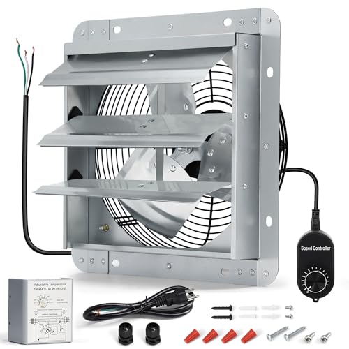 12 Inch Shutter Exhaust Fan, Wall Mount Attic Fan with Thermostat and Speed Controller for Greenhouses, Sheds, Garages, Chicken Coops, Barns Ventilation, 970 CFM - color: with Power Cord & Speed Controller & Thermostat, size: 12 Inch