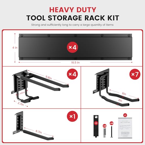 66" Heavy Duty Wall Mounted Garage Tool Organizer – 4 Panels & 12 Adjustable Hooks, 920 lbs Load Capacity, Modular Storage for Efficient Tool Organization, Easy Install in Garage, Garden, 18 Pack - size: 66in | 4Panels + 12Hooks