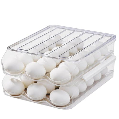 Egg Holder for Fridge, Automatic Rolling Egg Dispenser for Refrigerator with Lid, Stackable 2-Tier Egg Storage Container, Clear Food-Grade Egg Organizer for Fridge Kitchen