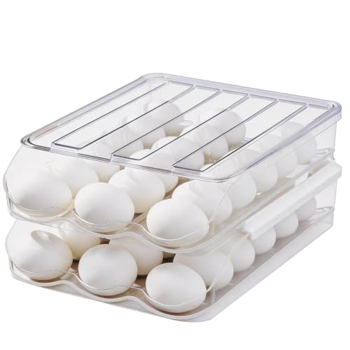 Egg Holder for Fridge, Automatic Rolling Egg Dispenser for Refrigerator with Lid, Stackable 2-Tier Egg Storage Container, Clear Food-Grade Egg Organizer for Fridge Kitchen