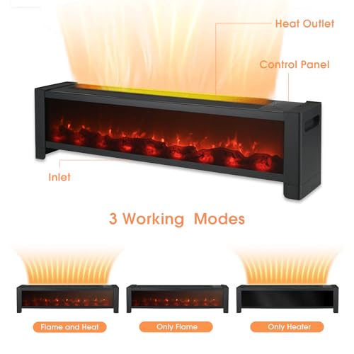 Baseboard Heater, 1500W Electric Heater with Realistic 3D Flame, 12H Timer, Thermostat, Portable Space Heater for Indoor Use, Black