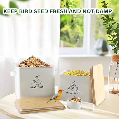 Airtight Bird Seed Storage Container Set of 2, 10LB Metal Bird Food Container with Bamboo Lids,Wild Bird Seed Tin for Storing Sunflower Seed-Squirrel proof -White - color: White(Bird Feed)