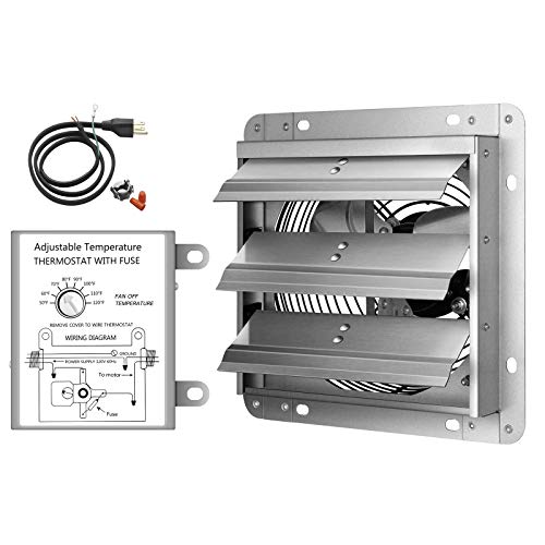 iPower 12 Inch Wall Mounted Shutter Exhaust Fan with Temperature Controller and Power Cord Kit, Aluminum, 1600 RPM, 940 CFM, for Attic, Garage, Louvered Vent, Plant, Greenhouse, Silver - size: 12 Inch, style: Temp Controller Exhaust Fan(with Power Cord)