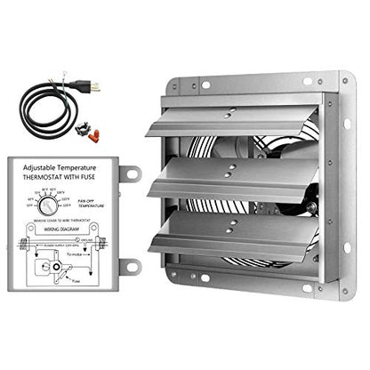 iPower 12 Inch Wall Mounted Shutter Exhaust Fan with Temperature Controller and Power Cord Kit, Aluminum, 1600 RPM, 940 CFM, for Attic, Garage, Louvered Vent, Plant, Greenhouse, Silver - size: 12 Inch, style: Temp Controller Exhaust Fan(with Power Cord)
