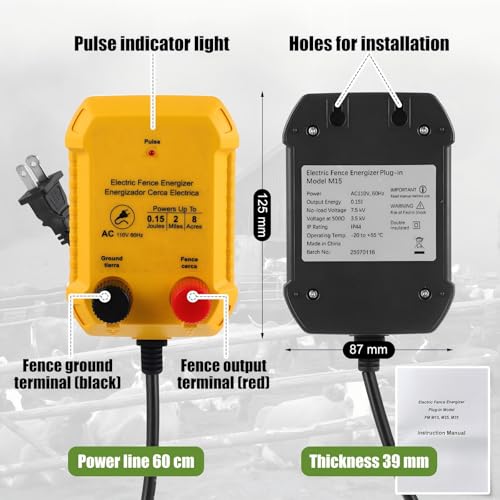 MorningRo Electric Fence Charger Set 110VAC 0.15 Joule Electric Plug in Fence to Contain Pet Poultry Keep Rodent, 50 Black Insulator and 1 Socket Tool 250ft Aluminum Wire for Garden Pond Protection - style: 0.15 Joule