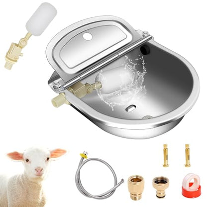 Automatic Animal Drinking Water Bowl, Stainless Steel Automatic Water Dispenser for Dogs Horses Goats, Livestock Waterer Water Trough with 2 Float Valves, Hose