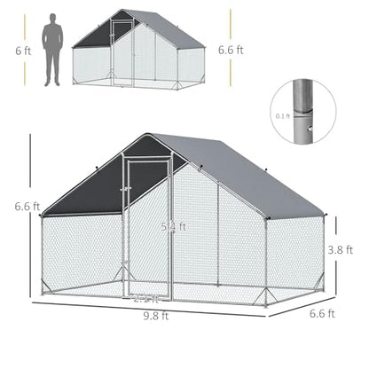 Walk-in 9.8Lx6.6Wx6.6Hft Galvanized Outdoor Chicken Pen with Reinforced FFor rame Lockable Mesh Door UV-Protective Cover Silver