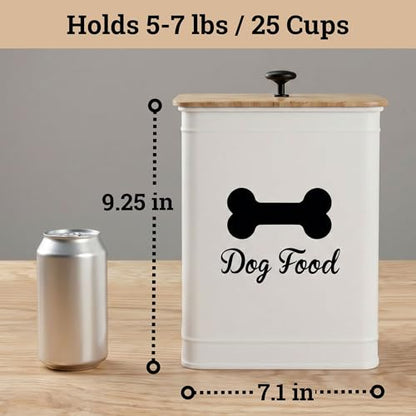 Dog Food Container Airtight Bamboo Lid 5-7 lb, 25 Cups, Sturdy Metal Handle | Pet Jar For Dogs up to 50lbs, Airtight Bamboo Lid, Sturdy Comfortable Metal Handle, Powder Coated Iron, Kibble Storage Bin - color: White