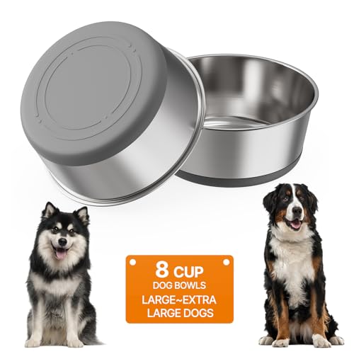 Food Grade 304 Stainless Steel Dog Bowls with Non-Slip Rubber Bottom,Food and Water Bowl for Feeding Dogs and Cats, Dishwasher Safe, Rust Resistant, BPA Free(Set of 2) (Gray, 8 Cup) - color: Gray, size: 8 Cup