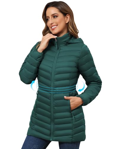 ROYAL MATRIX Women's Packable Puffer Jacket - Lightweight Winter Warm Long Quilted Puffer Coat with Detachable Hood - color: Deep Green, size: XX-Large