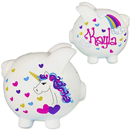 My Bambino Girl's Hand Painted Personalized Pink Ladybug Piggy Bank Large White Ceramic piggybank Baby Gift (Unicorn) - color: Unicorn