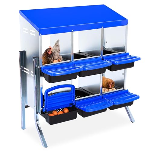 Chicken Nesting Boxes for Chickens,6 Hole Metal Roll Away Nest Box for Chicken Coop,Chickens Laying Egg with Legs, Lid Cover to Protect Eggs,Easy Egg Collection,Hen Roosting Boxes,Blue - color: Blue, size: 6 holes with legs