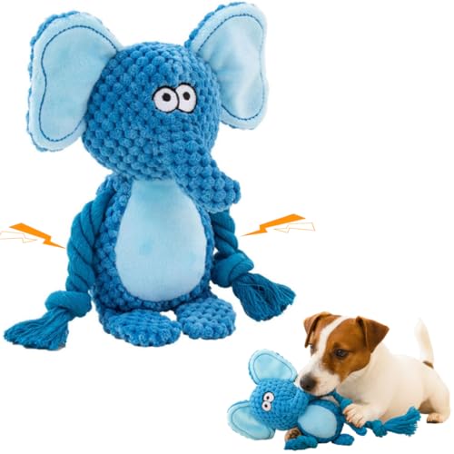 Cotton Rope Squeaky Dog Toy with Crinkle Paper – Interactive Plush Chew Toy for Small & Medium Puppies, Elephant Design - color: Blue