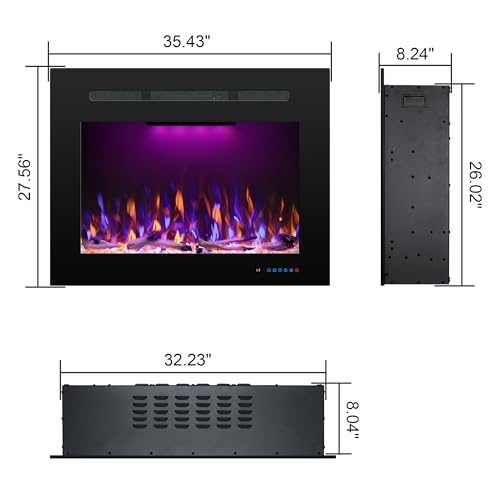 Electric Fireplace Inserts with 3 Flame & Top Light, Recessed Fireplace Heater, Thermostat, 750/1500W, Crackling Sound, Logs & Crystals, Timer, 32.2" W x 26" H Rear, No Wall Mount - size: 36"W27"H