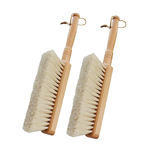Horsehair Hand Broom Soft Bristles for Upholstery Couch Wood Handle 2 Pack | Horse hair brush for velvet furniture fabric sofa suit hat bed bench and beach sand, Small natural cleaning brush 12" long - color: White Horsehair
