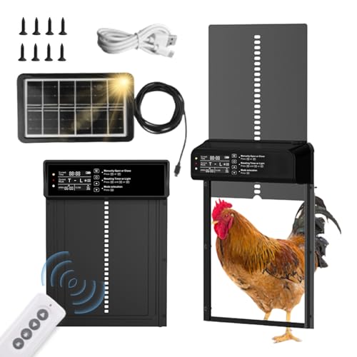 Automatic Chicken Coop Door Solar Powered, Third-Generation Upgraded, Aluminum Alloy | Light Sensor & Timer | Anti-Pinch | LCD Dsipiay | Remote Control | Low Battery Reminder | Alarm Mode