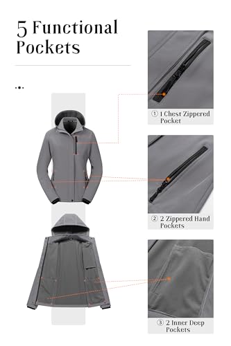 Pursky Women's Softshell Jacket Lightweight Fleece Lined Rain Jacket Waterproof Warm Windbreaker Coat With Removable Hood - color: Light Grey, size: Small