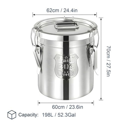 304 Stainless Steel Airtight Storage Bucket with Lid, Food Grade Sealed Canister for Kitchen, Rice, Flour, Grain, Pet Food, Waterproof Camping Storage Container(198L/52.3Gal) - size: 198L/52.3Gal
