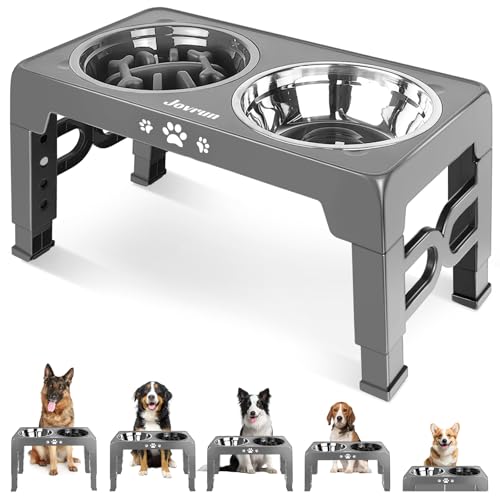 Jovrun Elevated Dog Bowls for Medium Large Size Dogs, Non-Slip Dog Feeder with 1*Stainless Steel Dishes & 1*Slow Feeder Bowl, 5 Heights Adjustable Raised Bowls to 3.15″-8.66″-9.84″-11.02″-12.2″ - color: Grey, size: for Medium Large Dogs 1 Basic&1Slow Bowl
