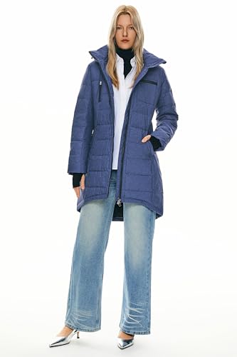 Orolay Women's Winter Down Jacket Long Quilted Puffer Coat Warm Hooded Slim Fit Outerwear - color: Blue, size: Medium