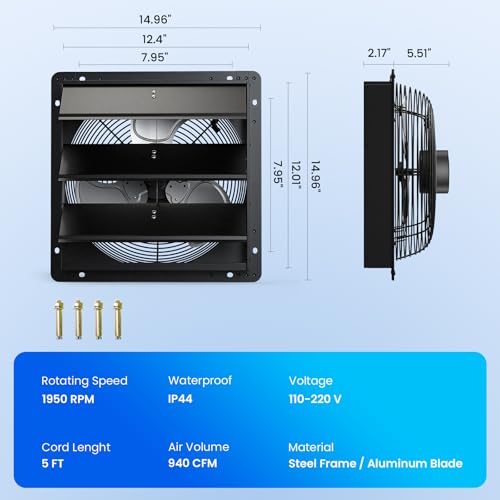 12" Wall Mounted Shutter Exhaust Fan, Attic Fan with Thermostat Humidity Controller, 10-Speed Adjustable, 940 CFM, Automatic Shutter, Vent Fan for Greenhouses, Garages,Shop, Chicken Coops