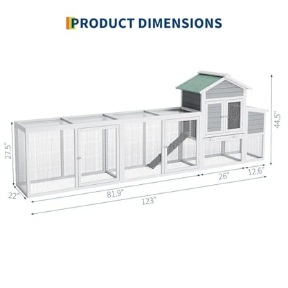 122'' Large Wooden Chicken Coop, Outdoor Chicken Cage with Sloped Asphalt Roof, Sliding Tray & Nesting Box, Weather-Resistant Poultry Cage for 4-6 Hens