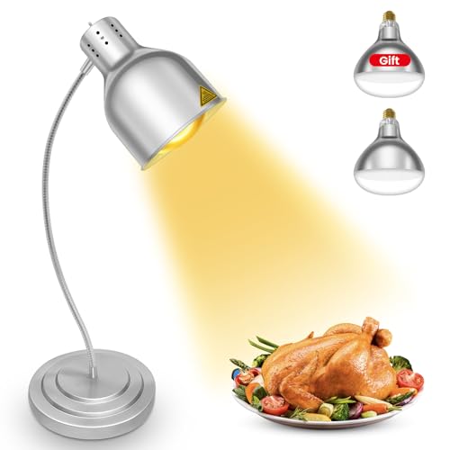Food Heat Lamp, Commercial Food Warmer Lamp Includes 250W Infrared Bulb, 110V Stainless Steel Heat Lamps for Food Warming in Restaurant, Buffet, Catering, Home (Silver, 2 Bulbs)
