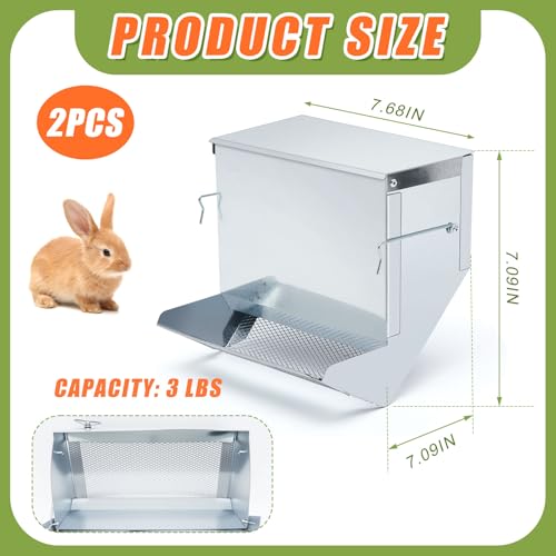Maxcheck 2 Pcs Rabbit Feeder for Cages Small Animal Food Pellet Dispenser with Lid Metal Chicken Grit Oyster Shell Squirrel Feeders Outside(7.7 Inches,Mesh Bottom,Silver) - color: Silver, size: 7.7 Inches