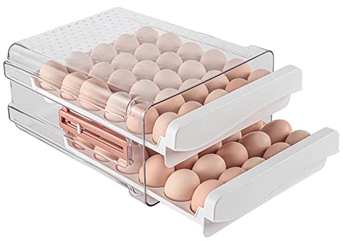 Sooyee 60 Capacity Egg Container for Refrigerator, Household Egg Holder with Time Memory, Transparent 2 Drawers Chicken Egg Storage Container, White - size: 60 Capacity
