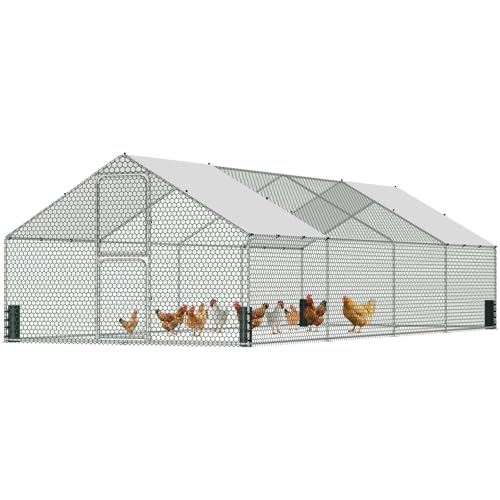 Large Metal Chicken Coop, Chicken Run with Feeding Door, Security Lock and Cover, Outdoor Walk-in Duck/Rabbit Cage Poultry Pen for Backyard, Farm, Yard (Silver - Spire Roof, 26.2 x 9.8 x 6.5 FT) - size: 314.9"L x 118.0"W x 78.7"H