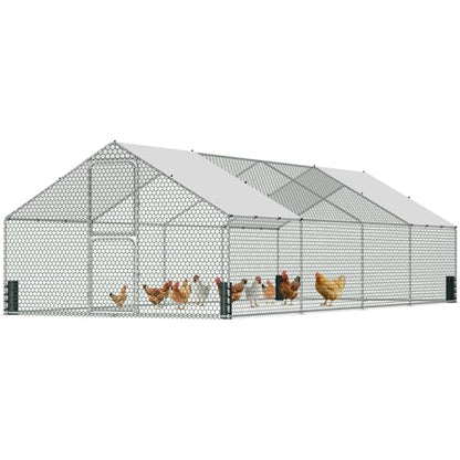 Large Metal Chicken Coop, Chicken Run with Feeding Door, Security Lock and Cover, Outdoor Walk-in Duck/Rabbit Cage Poultry Pen for Backyard, Farm, Yard (Silver - Spire Roof, 26.2 x 9.8 x 6.5 FT) - size: 314.9"L x 118.0"W x 78.7"H