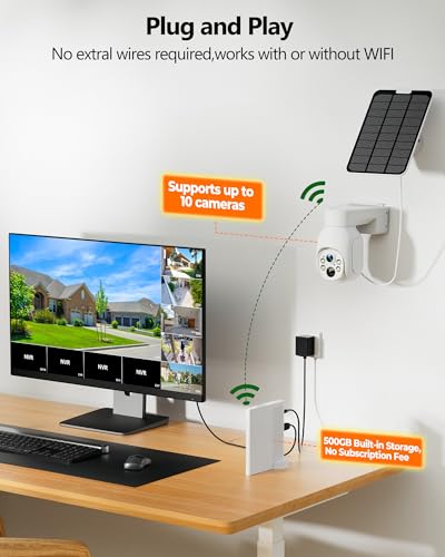 Solar Cameras Wireless Outdoor, 4MP Home Security Camera System, No Subscription, 360° Pan & Tilt, Color Night Vision, 5G & 2.4G WiFi, 500GB HDD 10CH NVR, Motion Detection for Farm Ranch Home