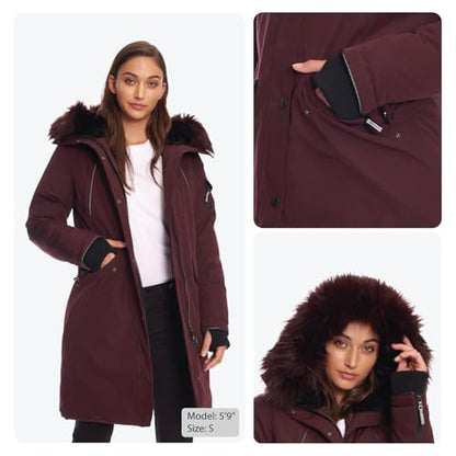 ALPINE NORTH Laurentian Women’s Vegan Down Long Parka Jacket with Faux Fur Hood - color: Grape, size: Medium, style: Standard Size