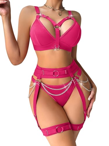 Lilosy Sexy Chain Strappy Garter Belt Women Lingerie Set Rave Outfits - color: Hot Pink, size: XX-Small