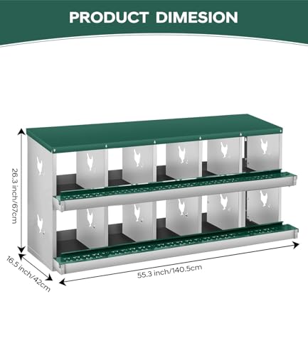 10 Compartment Chicken Nesting Boxes, Metal Roll Away Egg Laying Boxes with Removable Tray & Lid Cover, Chicken Coop Nest Box for Hens, Egg Protection Design (Without Legs) Green - color: Green, size: 10 hole - without leg