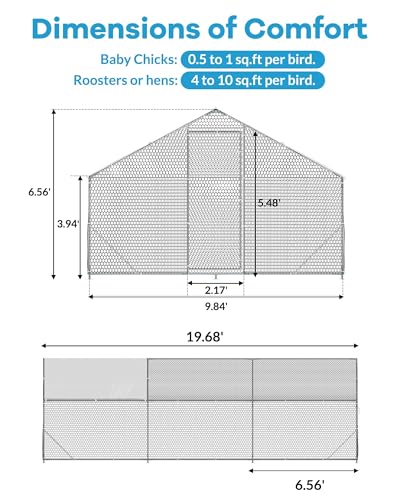 Heavy Duty Large Metal Chicken Coop for Hens –Walk-in Poultry Cage with Waterproof UV-Resistant Cover ＆ Reinforcing Ribs, Ventilated Peaked Roof Outdoor Hen House for Backyard, 9.8'Wx19.7'Lx6.6'H - size: 118.1"L x 78.7"W x 78.7"H