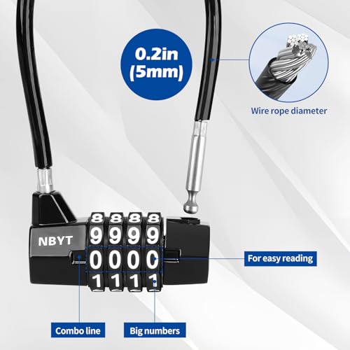 Cable Locks with Combination,Steel Cable Rope Wire 4-Digit Combination Lock with Resettable Code for Bikes, Lockers, File Cabinets, Wardrobes, Small Fences,gate Lock, Pool Padlock. - size: Span 3.5 in,Cable length 7*0.2 in