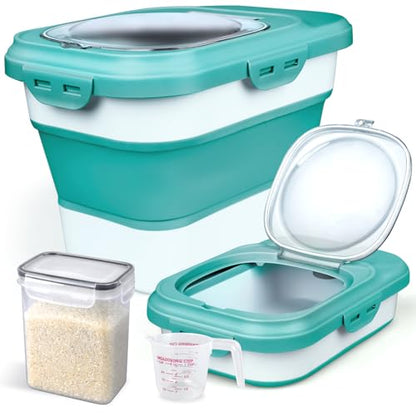 Komzon Rice Storage Container, Collapsible Airtight Food Storage Containers 6-20 Lbs, Rice Dispenser with Measuring Cup and Small Bin for Flour Cereal Pasta Grain, Cat Pet Dog Bird Food Container - color: Green