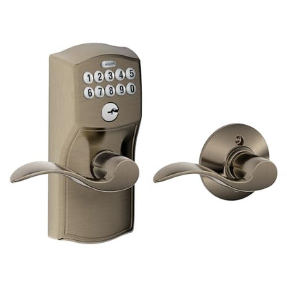 Schlage Camelot Keypad Lock with Lever Handle, Electronic Keyless Door Entry, Auto‑Lock Enabled, Antique Pewter, FE575 CAM 620 ACC - color: Antique Pewter, size: Accent Lever