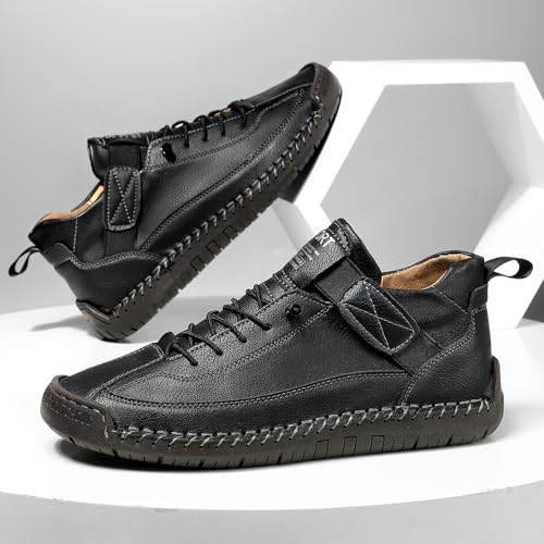 Womens Hand Stitching Leather Slip-On Ankle Boots with Adjustable Elastic Band Casual Lightweight Non-Slip Walking Loafers Retro High Top Flat Boat Shoes - color: Black, size: 5 Wide