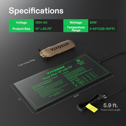 VIVOSUN Durable Waterproof Seedling Heat Mat 10" x 20.75" UL & MET-Certified Warm Hydroponic Heating Pad for Germination, Indoor Gardening, Greenhouse - size: 10"x20.75"