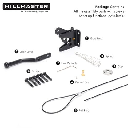HILLMASTER 2 Pack Self Locking Gate Latch for Wooden Fence Heavy Duty,Gravity Lever Fence Door Latches with Steel Spring Cable Pull String Gate Hardware Gate Lock for Outdoor Secure Pool,Garden - size: 2 Pack
