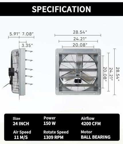 24 Inch Shutter Exhaust Fan, Vent Fan with Power Cord Wall-Mount, High Speed 4200 CFM for Garages, Attic, Shops, Greenhouse - size: 24 IN