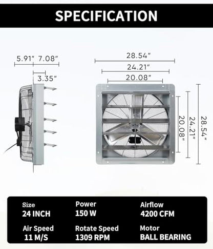 24 Inch Shutter Exhaust Fan, Vent Fan with Power Cord Wall-Mount, High Speed 4200 CFM for Garages, Attic, Shops, Greenhouse - size: 24 IN